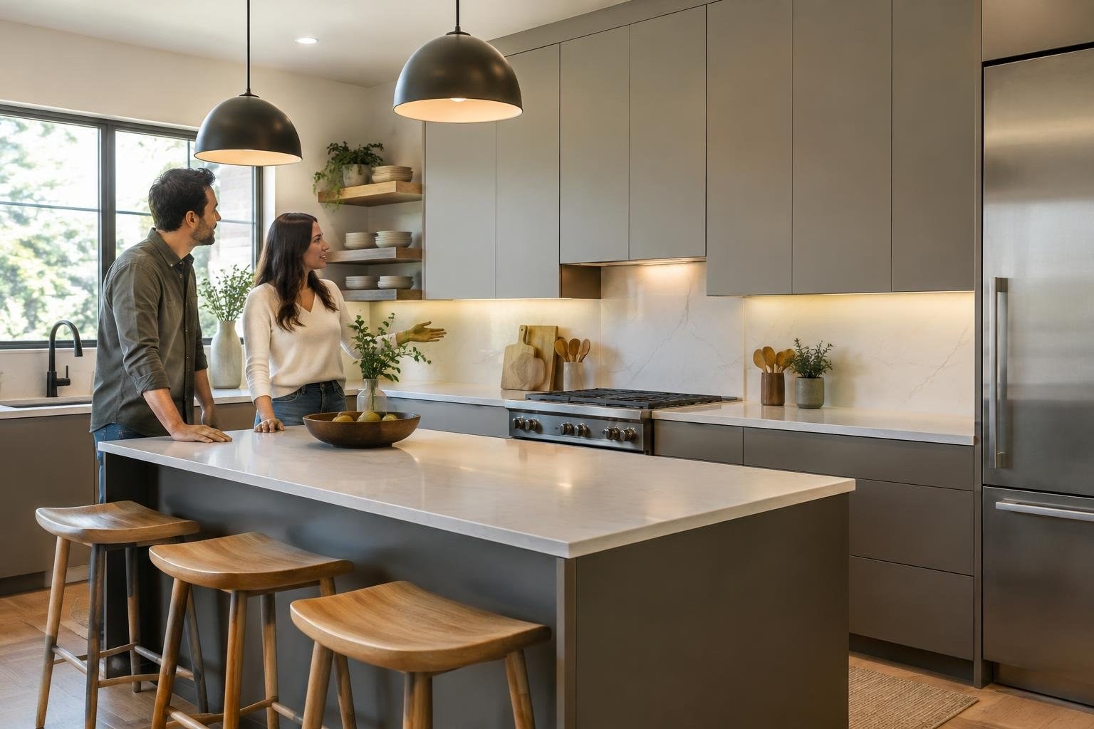 A man and woman stand beside a large kitchen island, looking toward the cabinets and countertop in a bright modern kitchen.