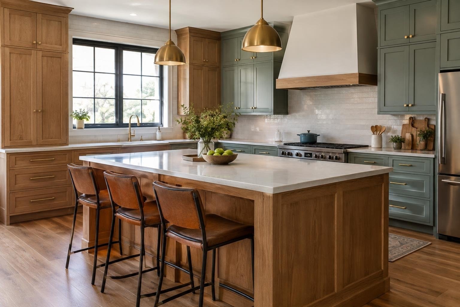 A spacious kitchen with wood and sage-green cabinets, a large island with three leather stools, brass pendant lights, a window over the sink, and a cooktop beneath a white hood.