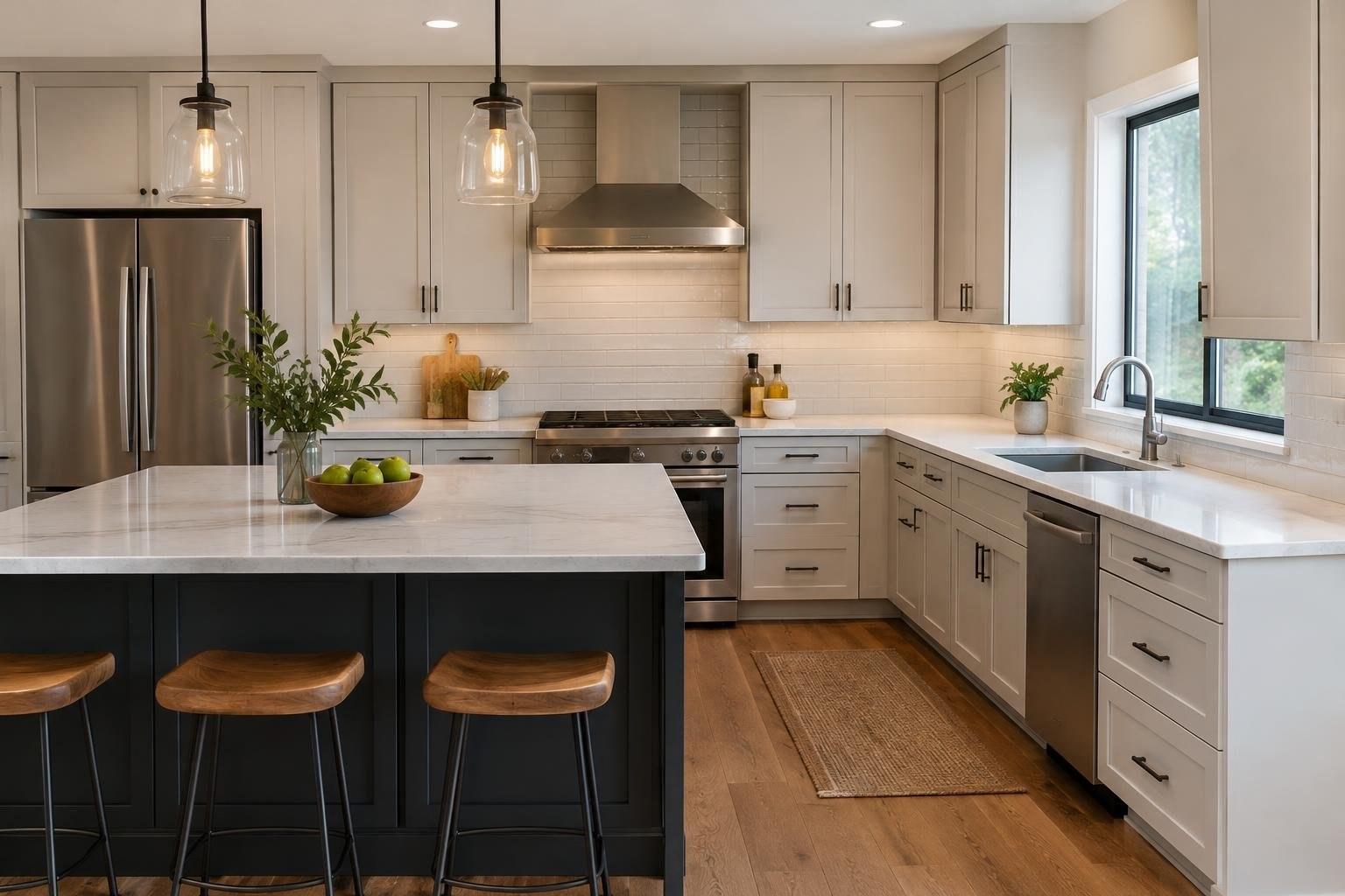 A bright kitchen with pale cabinets, stainless steel appliances, a dark island with three stools, and a bowl of green apples on the countertop.