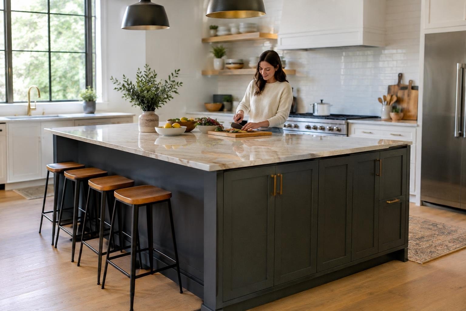 A kitchen island with contrasting cabinet finishes and a stone countertop A woman prepares food at a large kitchen island in a bright modern kitchen, with wooden stools, pendant lights, white cabinets, and a large window.