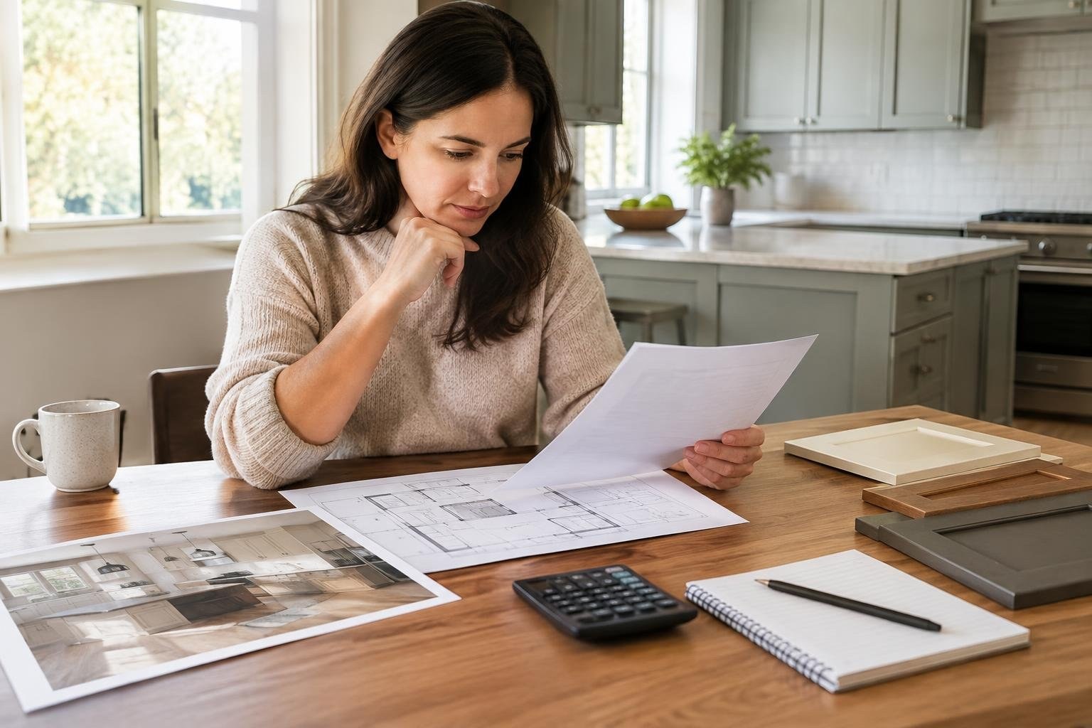 A woman studies a sheet of paper at a kitchen table covered with floor plans, photographs, a calculator, a notebook, and material samples.