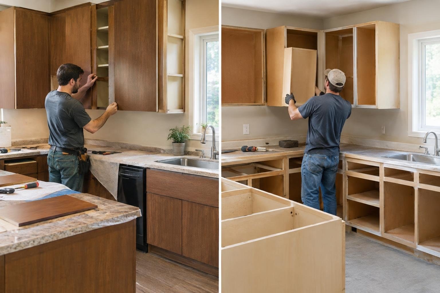 Two side-by-side views show a man fitting wooden kitchen cabinets: he adjusts a cabinet door on the left and lifts a panel into an open cabinet on the right.