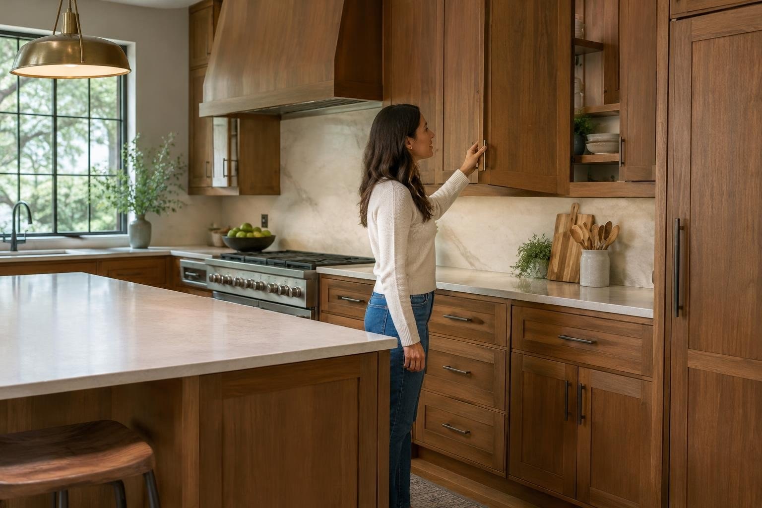 A woman in a light sweater opens a wooden kitchen cabinet beside a countertop, with a large island, range, and window in the room.
