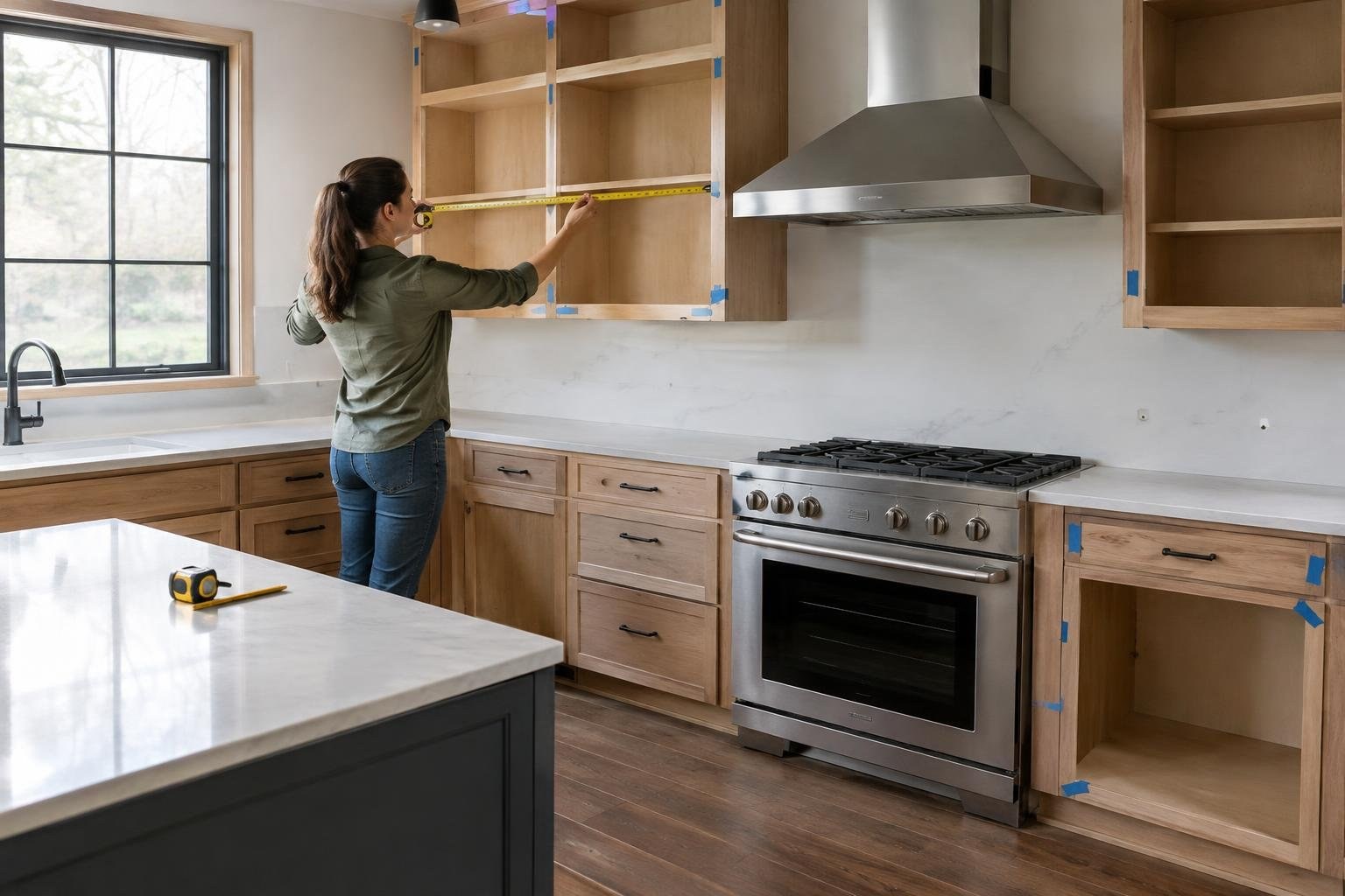 A woman measures an unfinished wooden kitchen cabinet with a tape measure; a partially renovated kitchen with an oven, range hood, counters, and blue painter’s tape surrounds her.